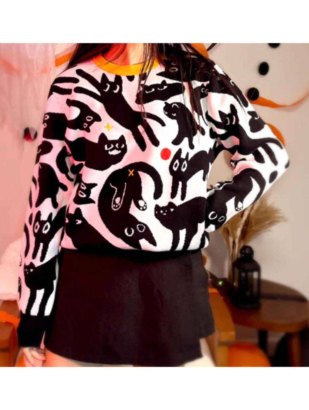 Bandage Brigade Void Cats Knitted 100% Cotton Pullover Sweater White and Black L